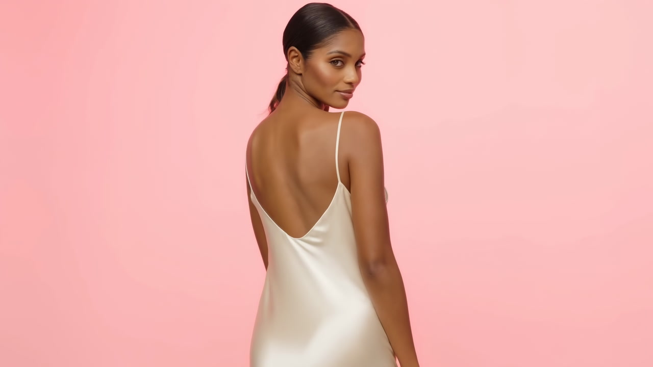 Black Model In Silk Slip Dress, Turning Toward Camera Against Pink Studio Backdrop, Satin Gown Draping