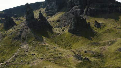 Slow-tilting-aerial-shot-revealing-The-Storr-in-Scotland's-Isle-of-Skye