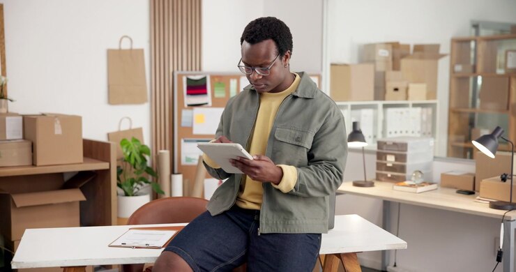 Young Man Using Digital Tablet in Creative Office Workspace