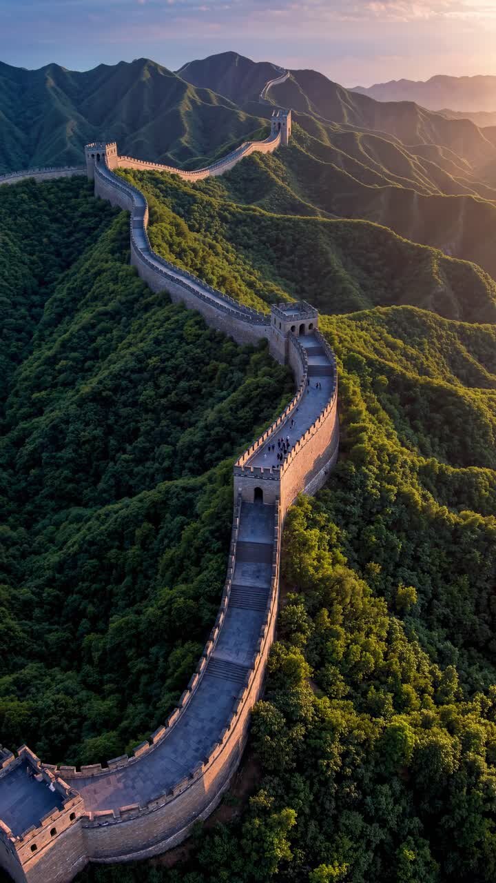 Aerial view of the Great Wall winding over lush green hills, showcasing its vastness and historical