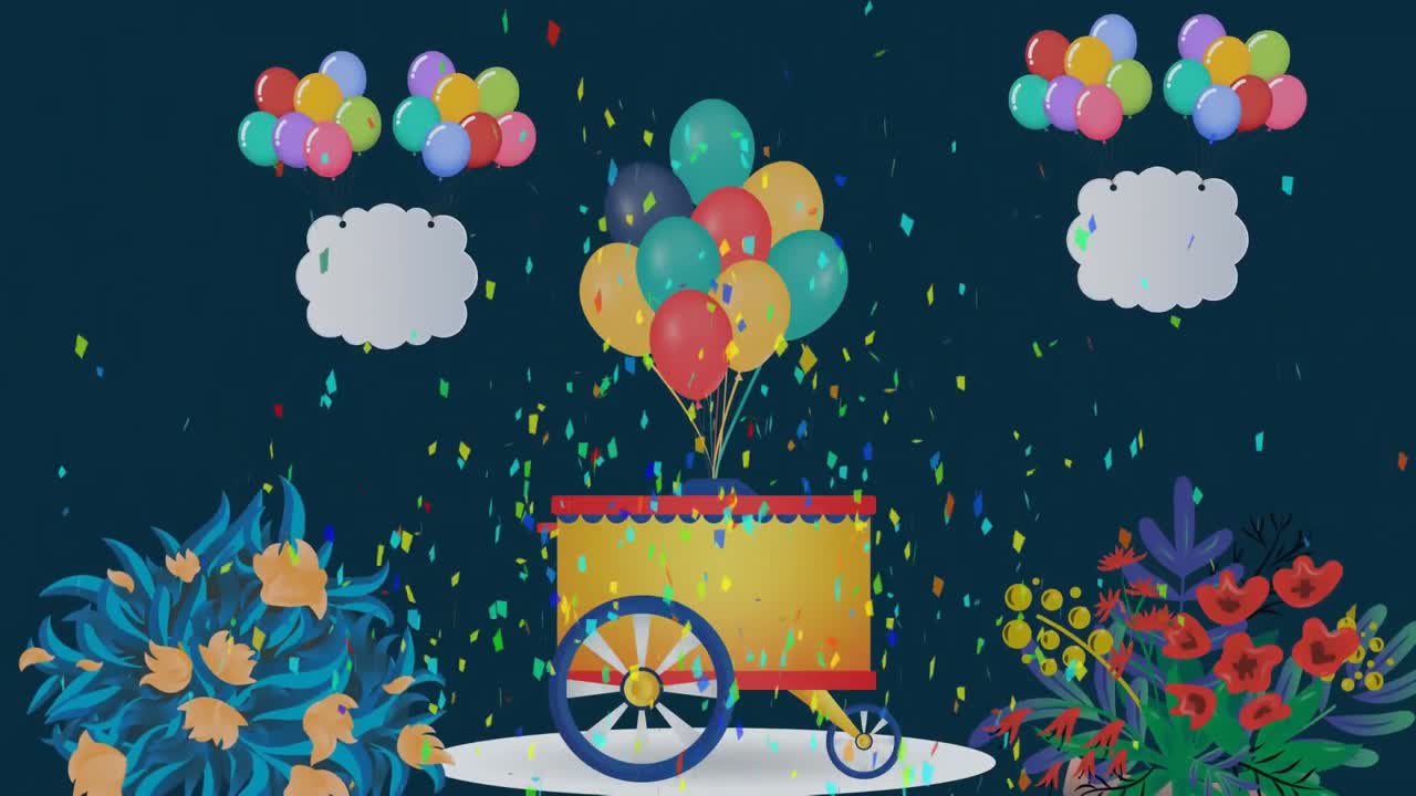 animación de un carro con globos sobre un fondo oscuro