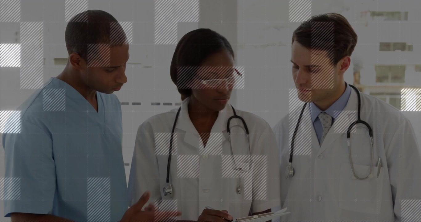 Medical team reviewing clipboard and stethoscope in hospital corridor, with animated chart overlay
