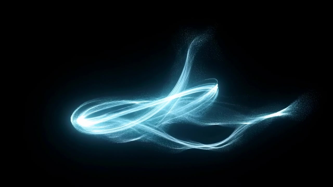 Strisce luminose ciano e bianche attraversano uno sfondo scuro e vuoto, formando un nastro liscio e fluente con effetto mosso, bordi morbidi e un astratto futuristico