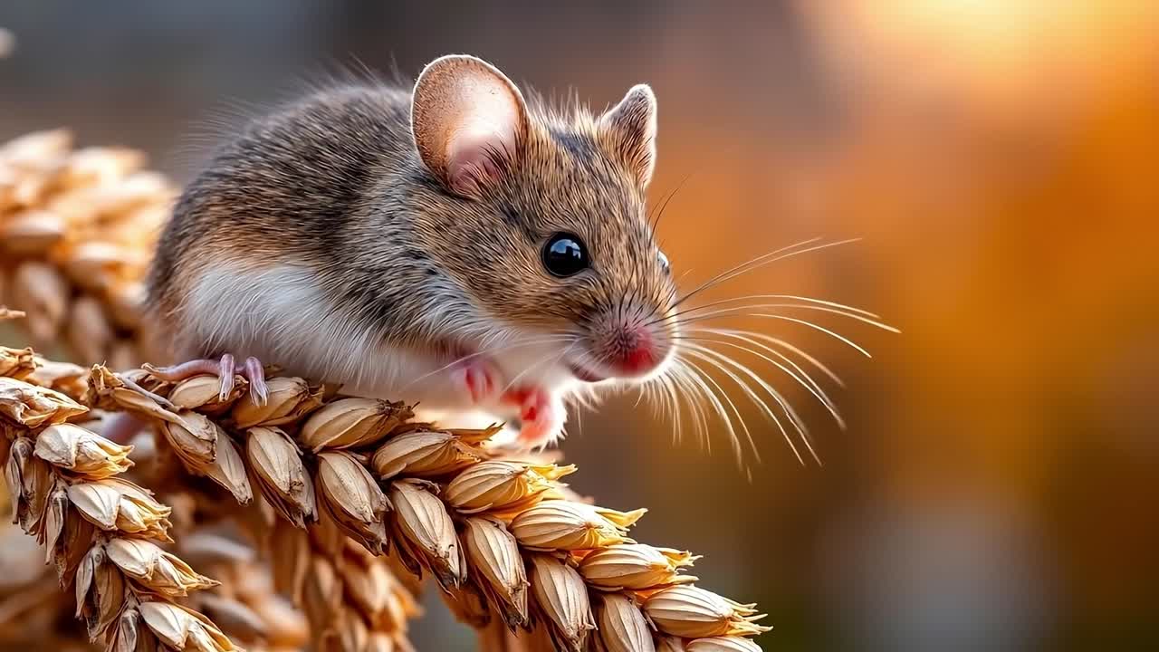 Un topo seduto sopra una pila di grano