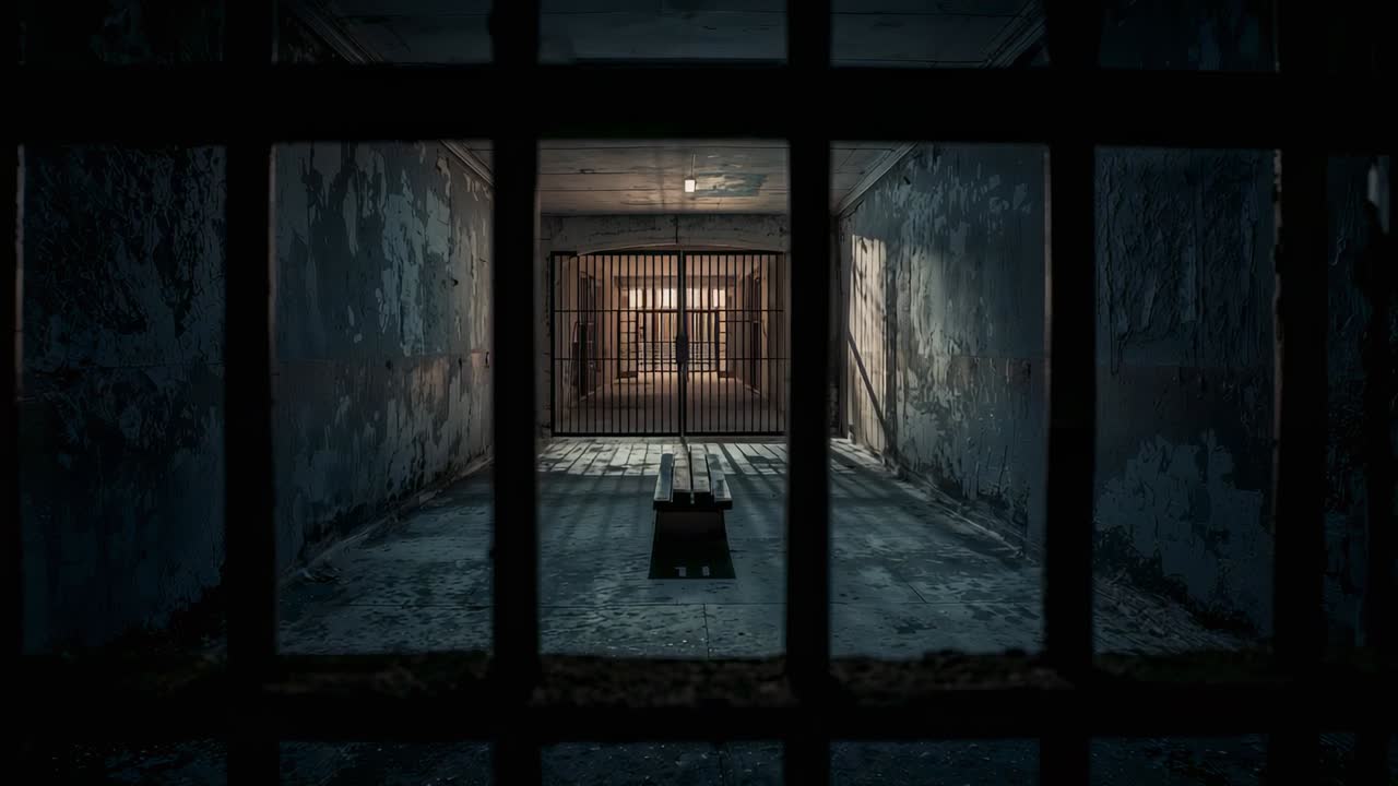 Brightening light casting bar shadows across worn bench in abandoned cell, revealing gated doorway