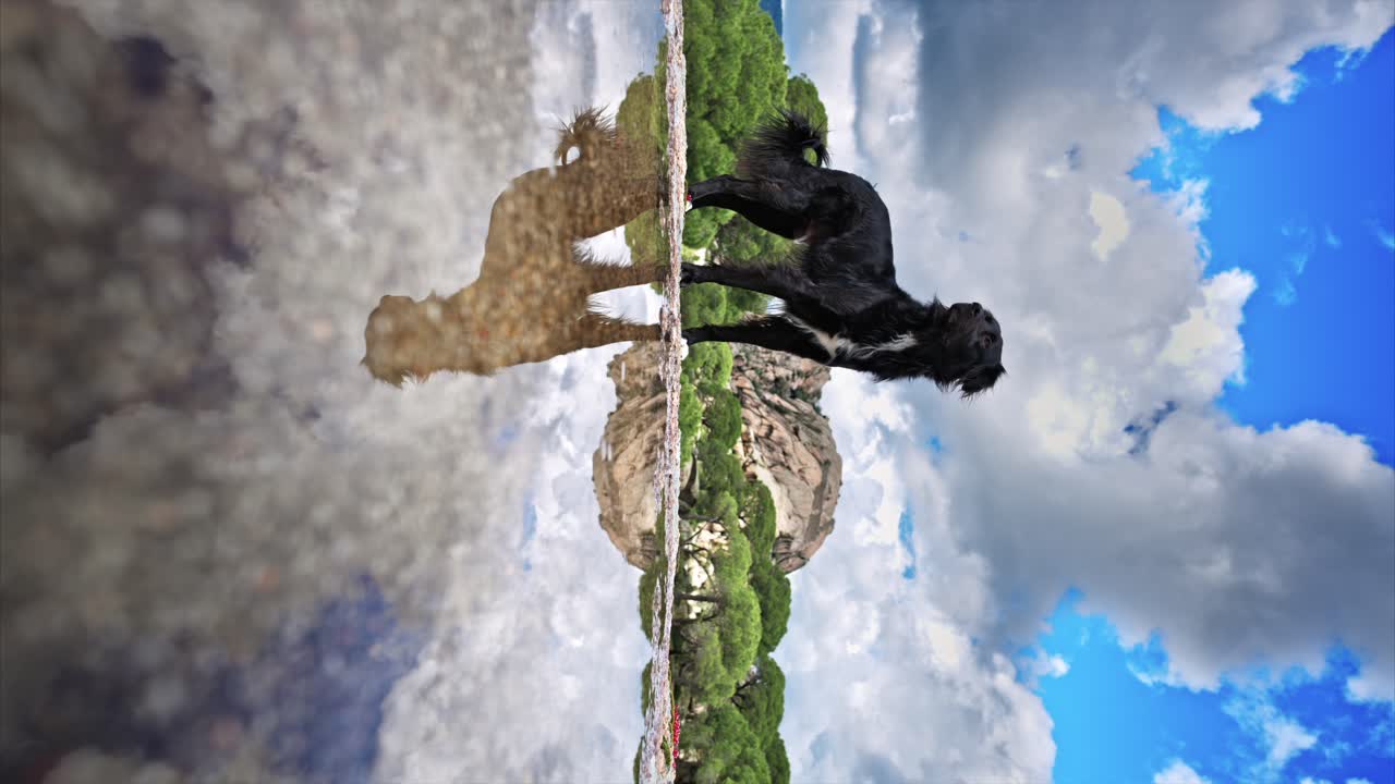perro de pie derecho cerca de un charco de agua que refleja su imagen