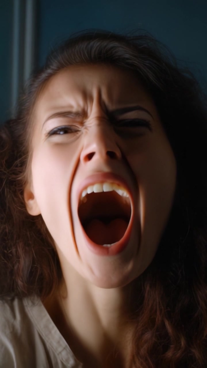 Expressão Intensa de Emoção Capturada em Dois Quadros Revelando a Raiva Crua e a Frustração de uma Mulher com Mudanças Distintas nas Feições Faciais e Vocalização