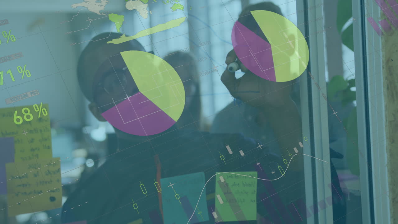 Animation of infographic interface, diverse man explaining strategy to coworkers on transparent wall