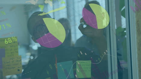 animation of infographic interface, diverse man explaining strategy to coworkers on transparent wall