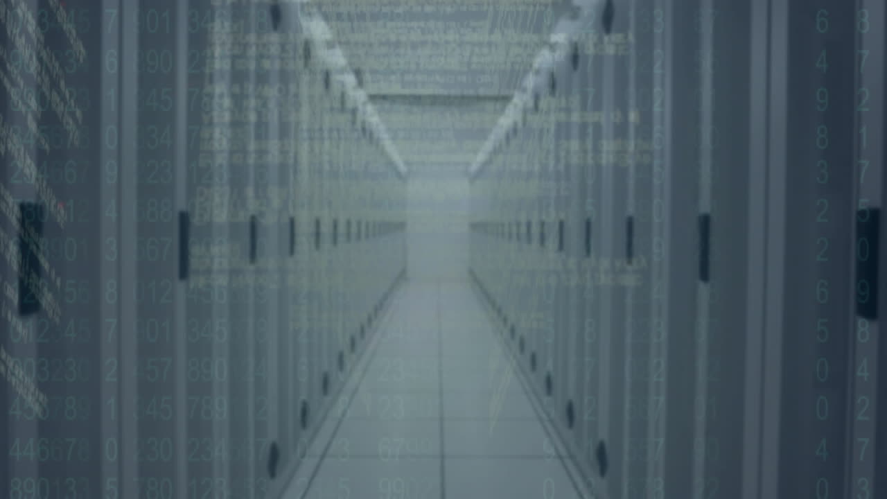 animación del procesamiento de datos y formas sobre la sala del servidor