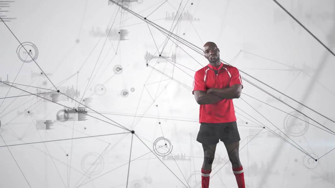 jugador de rugby profesional de pie con las manos en las caderas y datos médicos