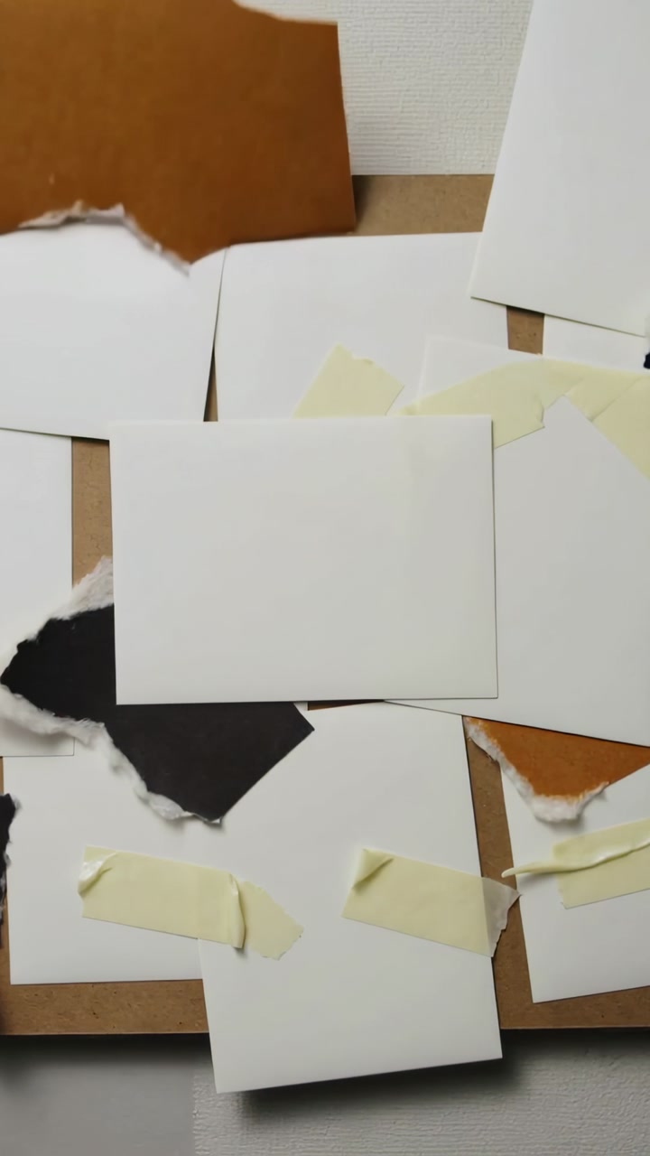 Vertical video: Falling torn scraps landing on white cards on corkboard with tape for swatches