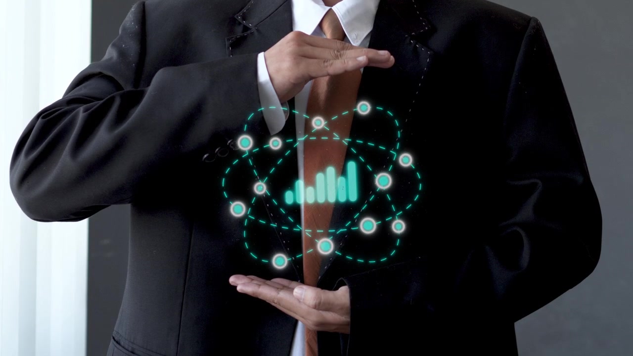 Businessman holding Holographic digital network with rising growth chart between his hands