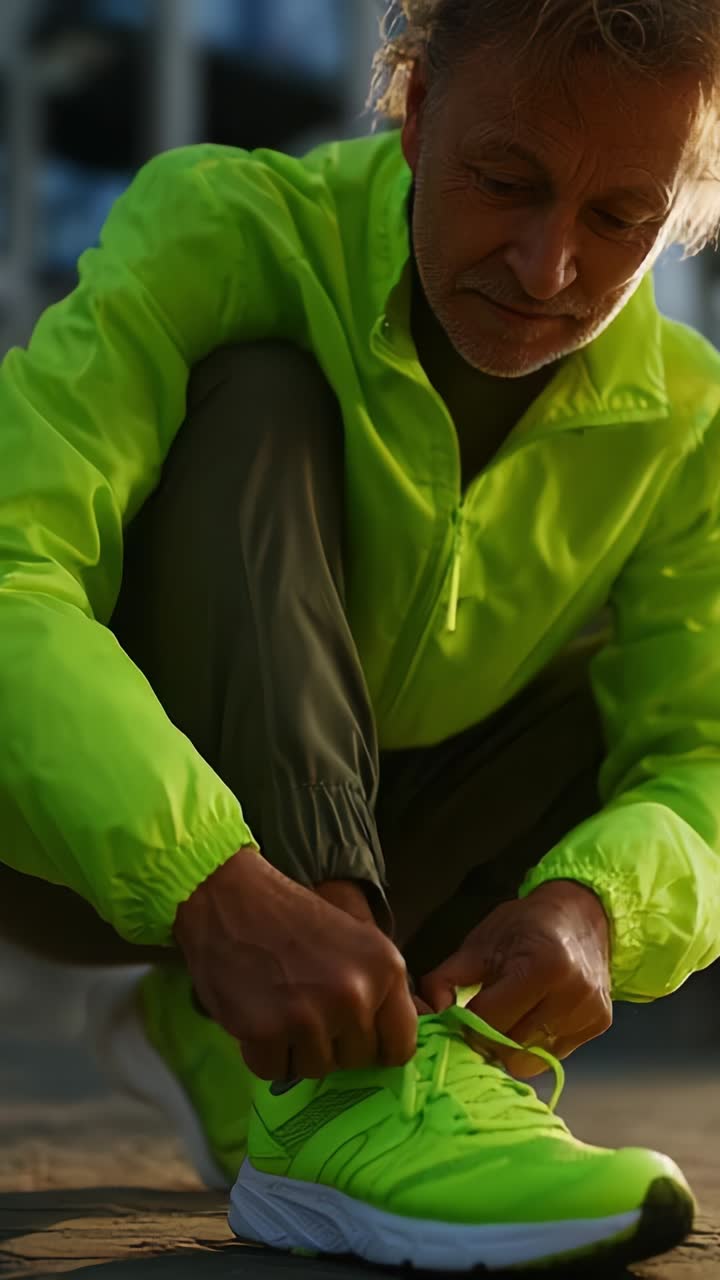 Una persona con una giacca neon sgargiante si allaccia le scarpe da ginnastica di sera, preparandosi per una corsa o un allenamento in un ambiente dinamico all'aperto