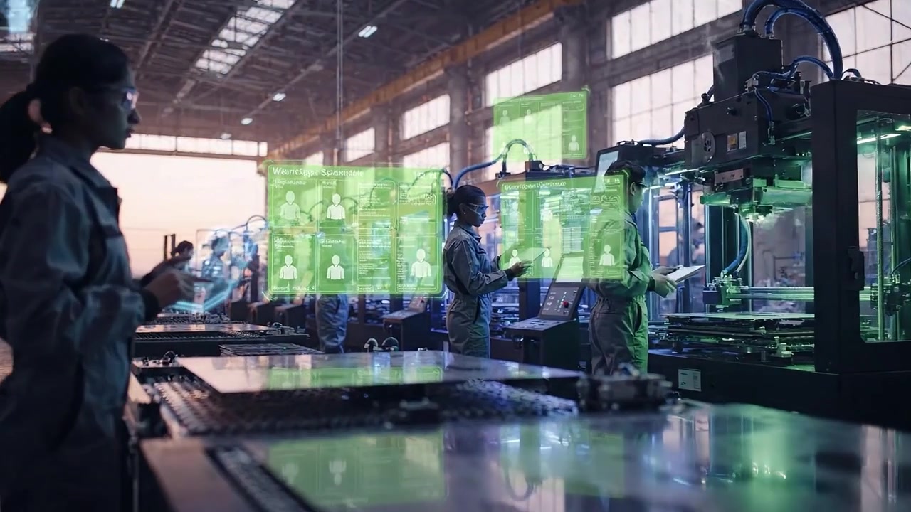Futuristic Factory Workers Interact with Holographic Data Displays