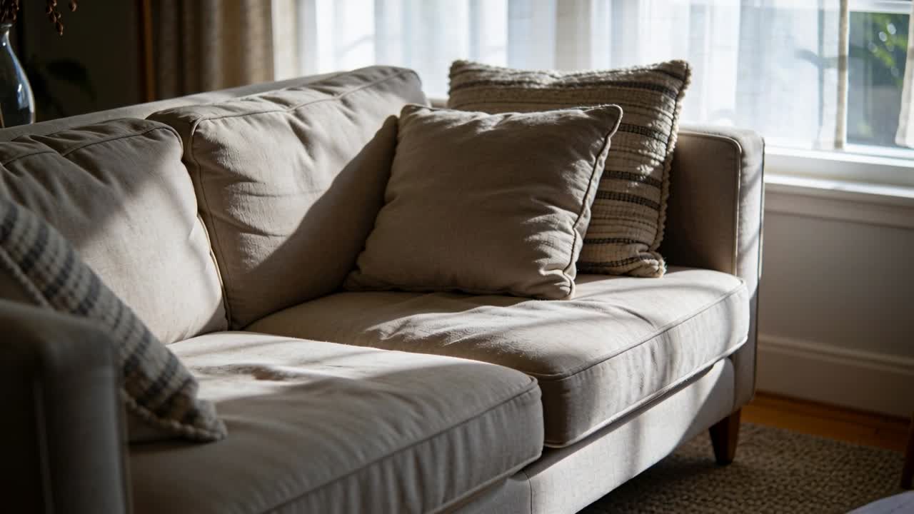 Kameraet trækker sig tilbage og afslører en beige sofa ved vinduet, der viser sollysstrukturer på hynder og puder.
