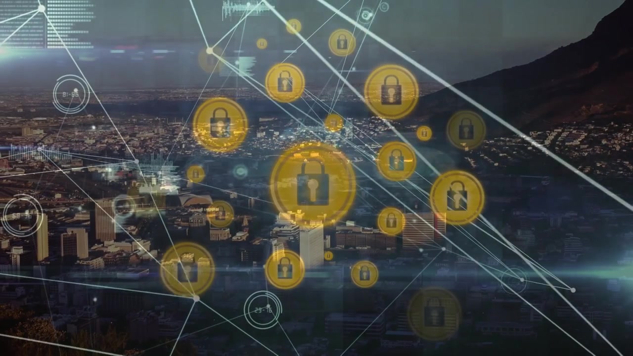 Animazione di reti di connessioni con icone su un paesaggio urbano