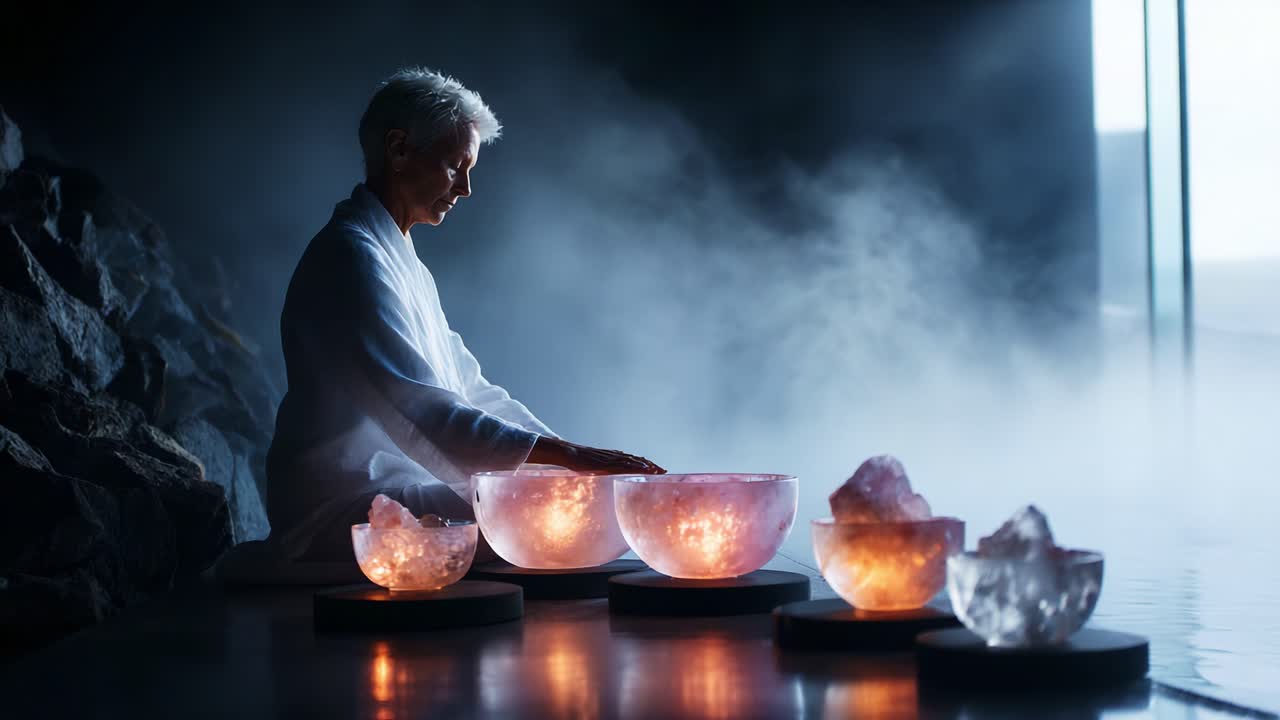 A serene moment showcasing a practitioner in a meditative state, skillfully playing crystal bowls that emit ethereal sound and light, surrounded by calming mist and natural stones
