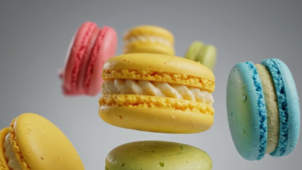 Vibrant and Colorful Floating Macarons Capture the Essence of Delightful Gourmet Treats in a Playful Dance of Sweetness and Texture.