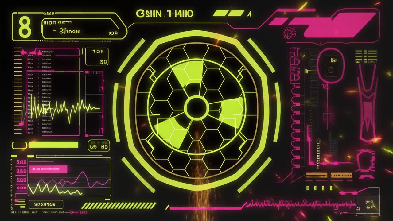 Futuristic Digital HUD with Rotating Radiation Symbol