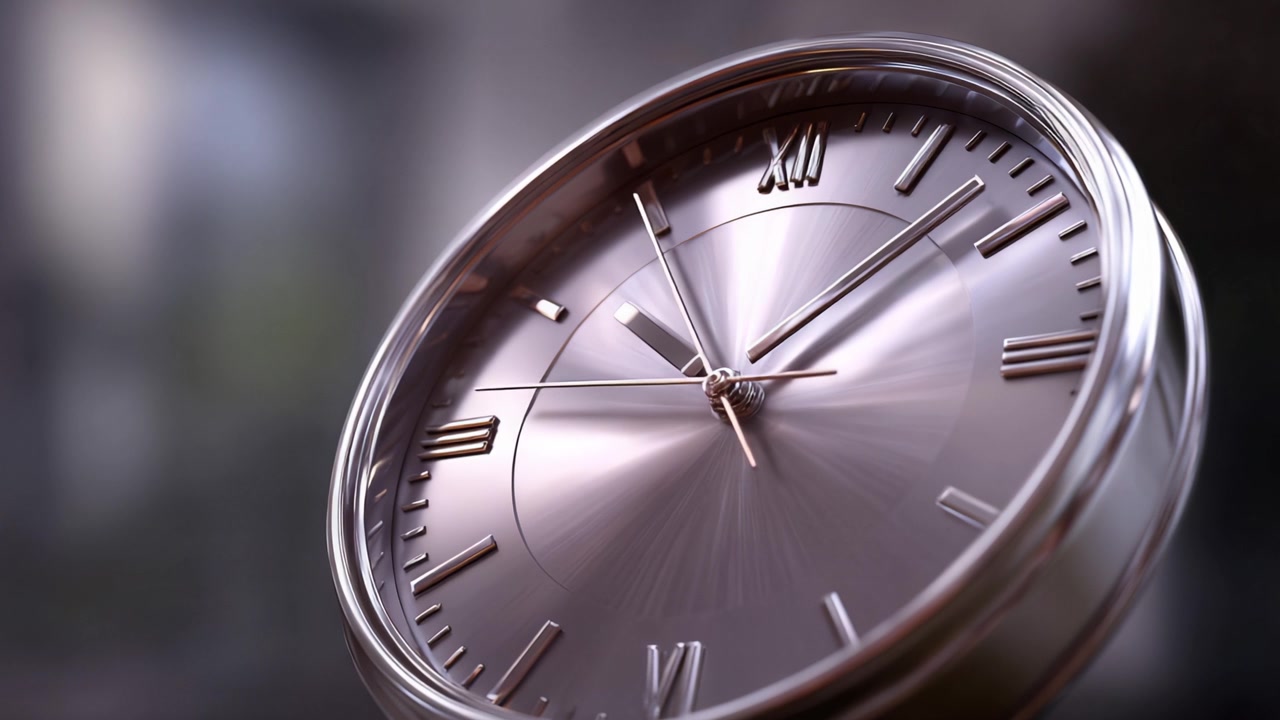 Close-up de um relógio clássico exibindo design elegante e detalhes intrincados, destacando sua superfície polida e mecânica precisa em um fundo lindamente desfocado.