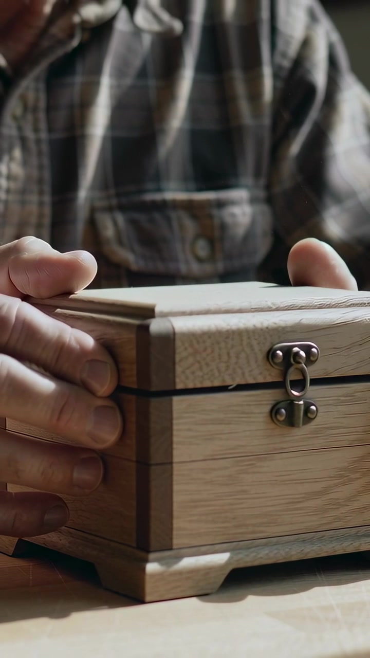 Vertical video: Lifting lid, man in plaid shirt inspecting box with metal latch at table, closing