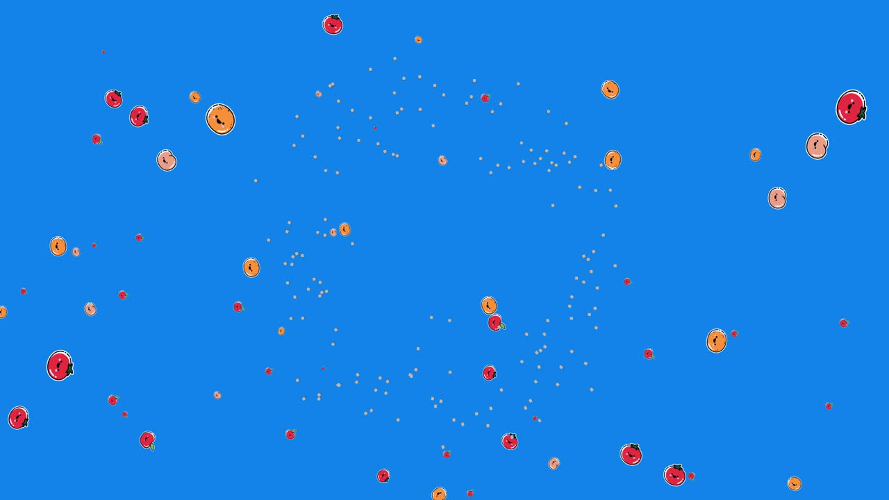 파란색 배경 위에 떨어지는 금색 콘페티와 과일 아이콘의 애니메이션