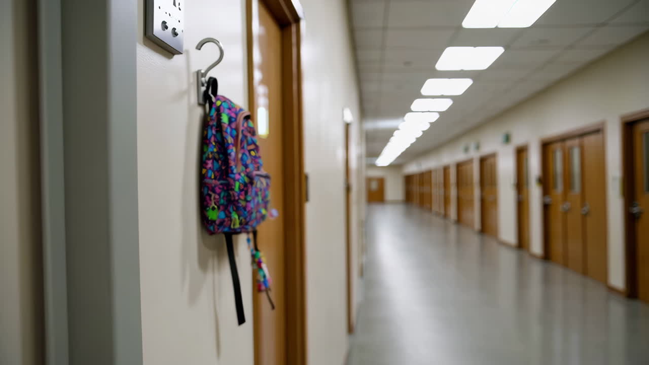 Colorful Backpack Hanging in a School Hallway