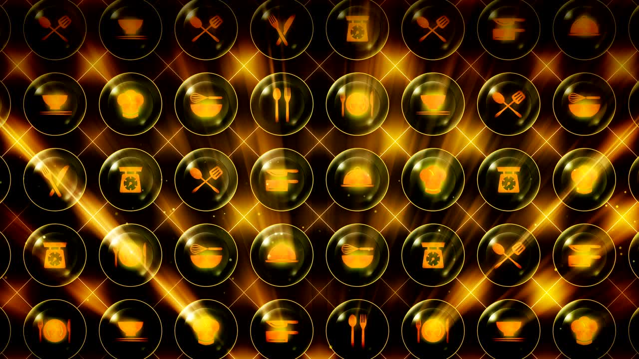 레스토랑 아이콘의 세트, 레스토랑 요리 장비 배경, cg 루프 애니메이션