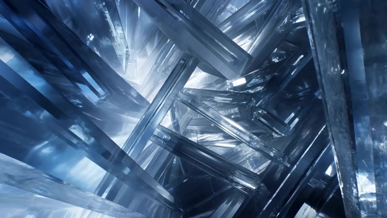 Dense interior of transparent glasslike prisms and faceted planes converges toward bright central light, creating layered depth, overlapping shards, reflective surfaces, cool blue tones, and steady