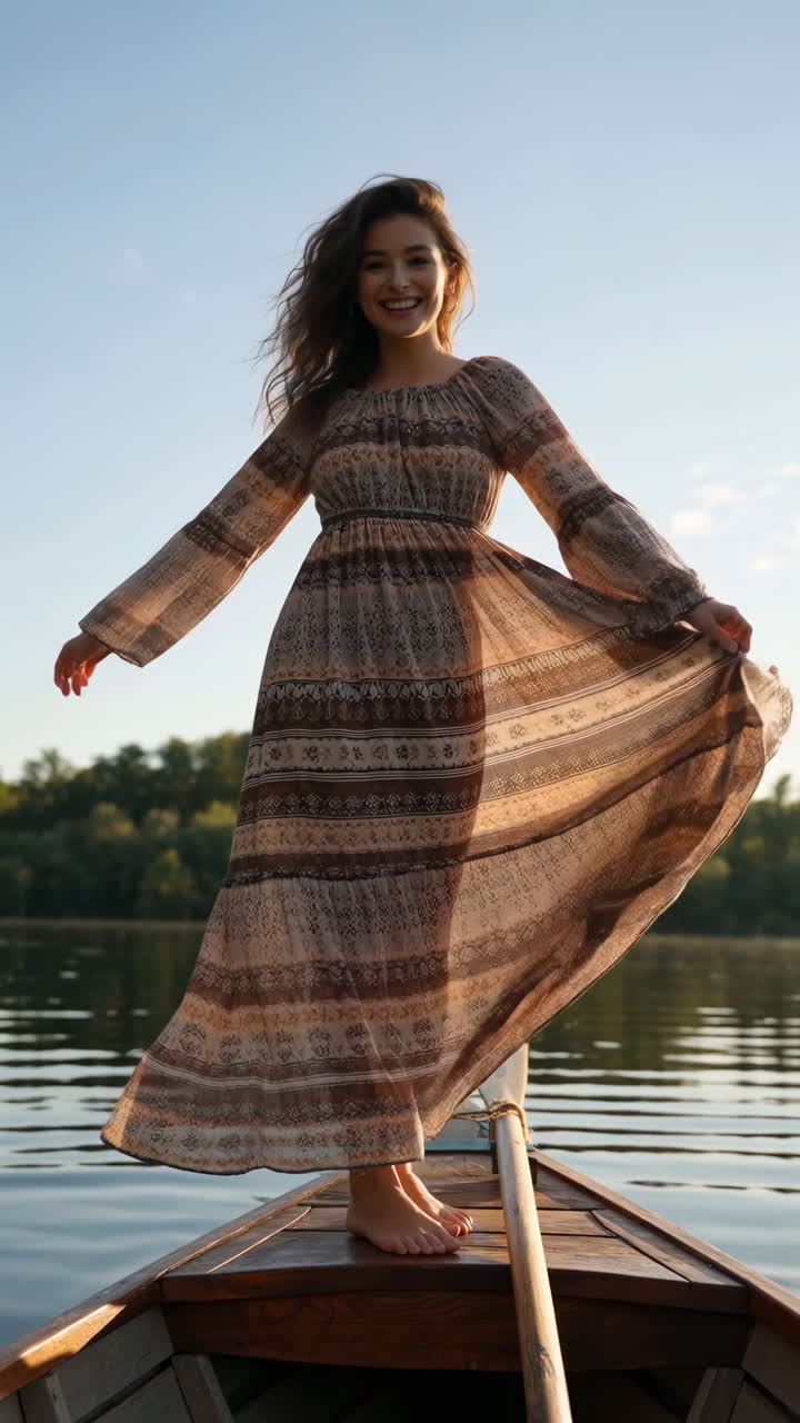 Joyful woman in a flowing bohemian dress standing in a boat on the water