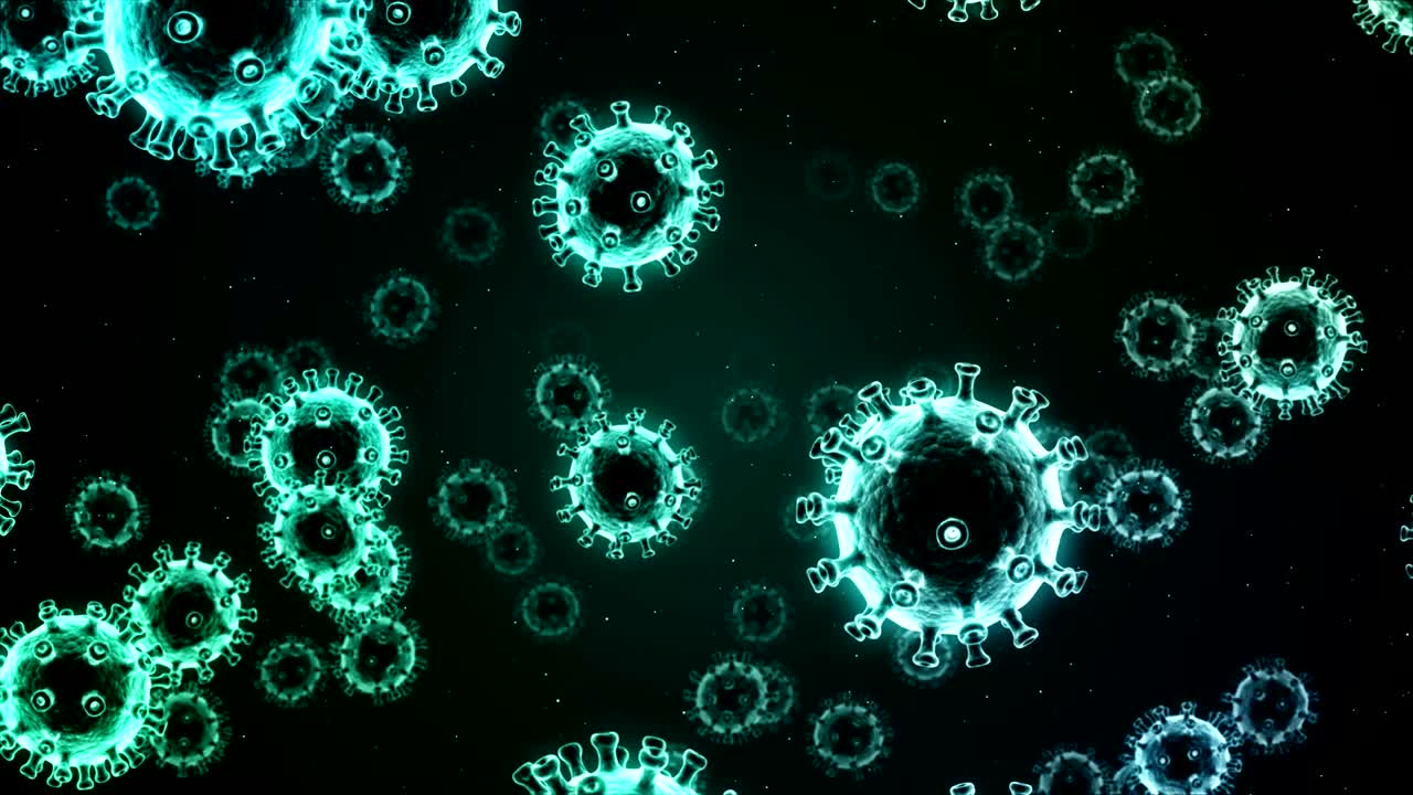3D animation of microscopic floating corona virus covid-19 cells, medical and microbiology concept background looped