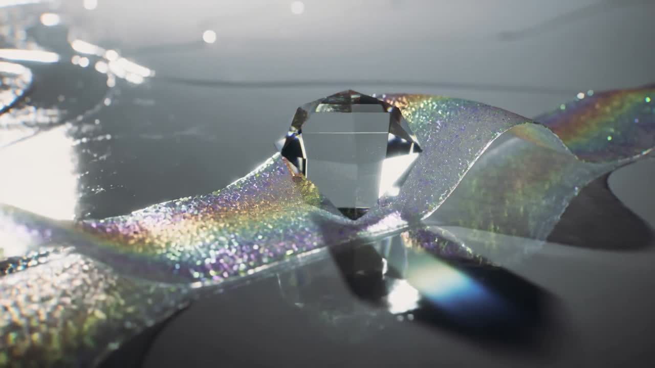 Luce mutevole che attraversa un cristallo sfaccettato, rifrangendosi su una superficie lucida, con un nastro iridescente scintillante.