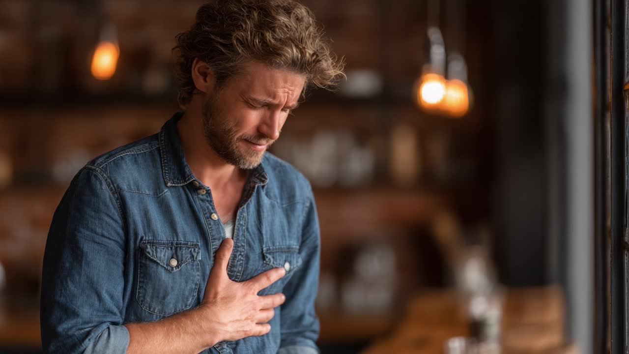 A Dramatic Moment of Emotional Struggle: Capturing the Journey of Inner Turmoil and Conflict in a Man's Heartfelt Expression