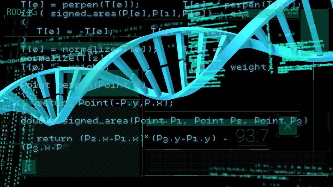 Animation of dna strand over data processing on black background