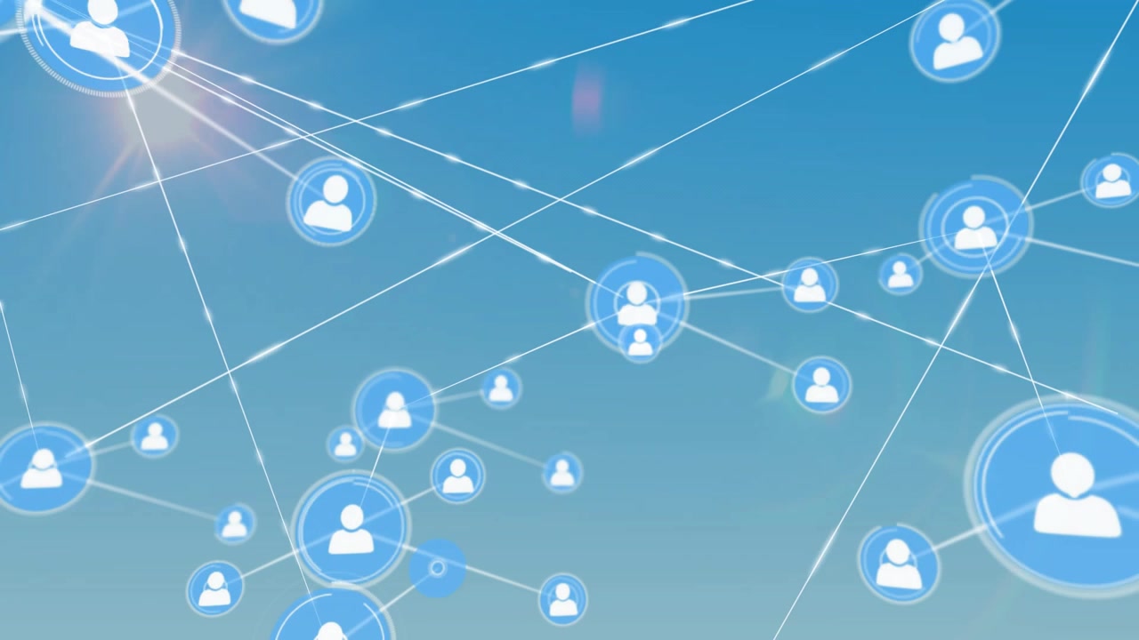 Animation of network of connections with icons over sun on blue sky