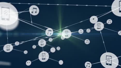 Animation-of-network-of-digital-icons-over-green-light-spot-against-blue-background