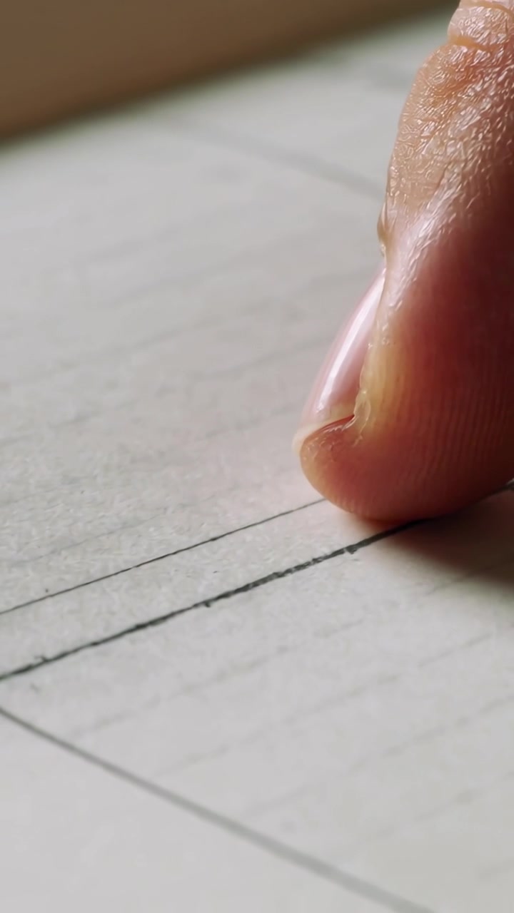 Video verticale: Polpastrello che scorre lungo un blocco note a righe sulla scrivania, trovando l'angolo al bordo, spazio per il testo.