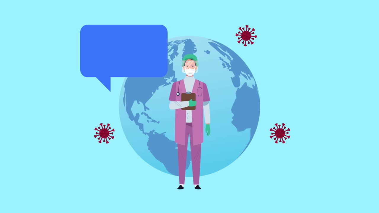 외과 의사 여성은 의료 마스크와 지구 행성 애니메이션을 사용합니다.