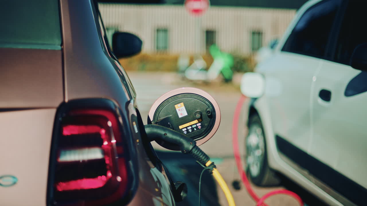 Close up view of an electric vehicle plugged into a charging station