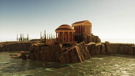 ancient roman temple ruins perched on a rocky cliff by the sea at sunset