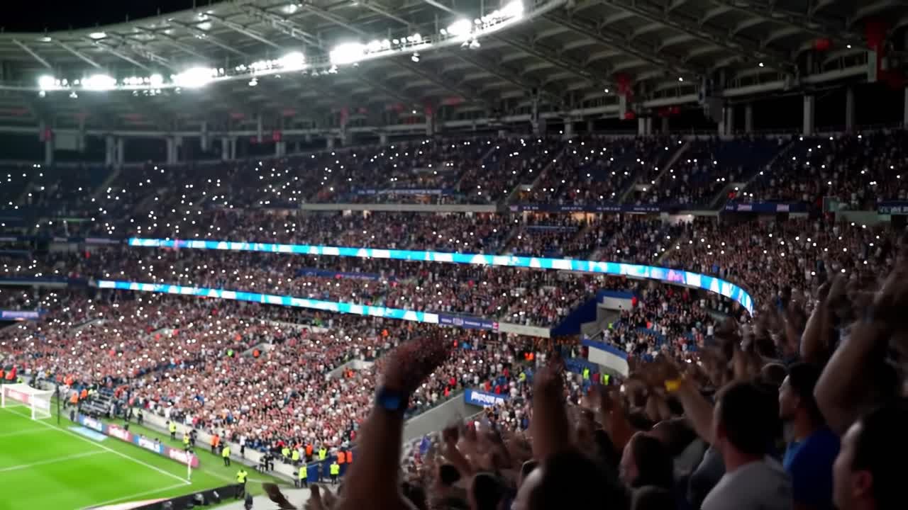 Crowd celebrating at a soccer stadium at night