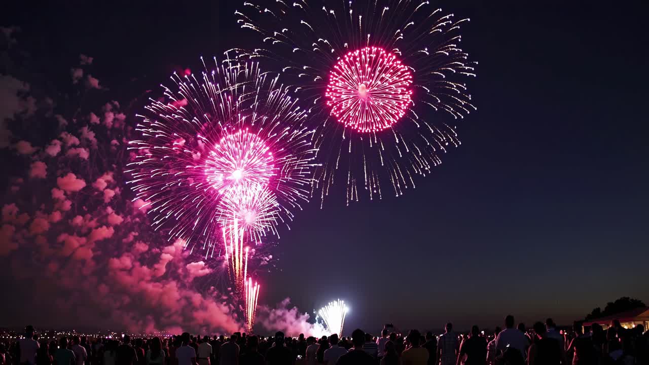 Colorful fireworks exploding in the night sky during a celebration, with a crowd of people watching from below, creating a festive atmosphere