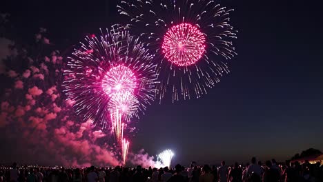 colorful fireworks exploding in the night sky during a celebration, with a crowd of people watching from below, creating a festive atmosphere