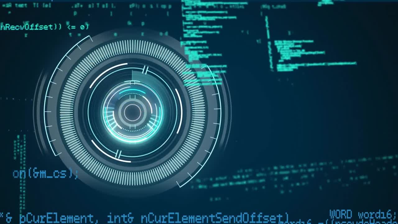 Animation of neon round scanner and data processing against blue background