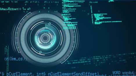 Animation-of-neon-round-scanner-and-data-processing-against-blue-background