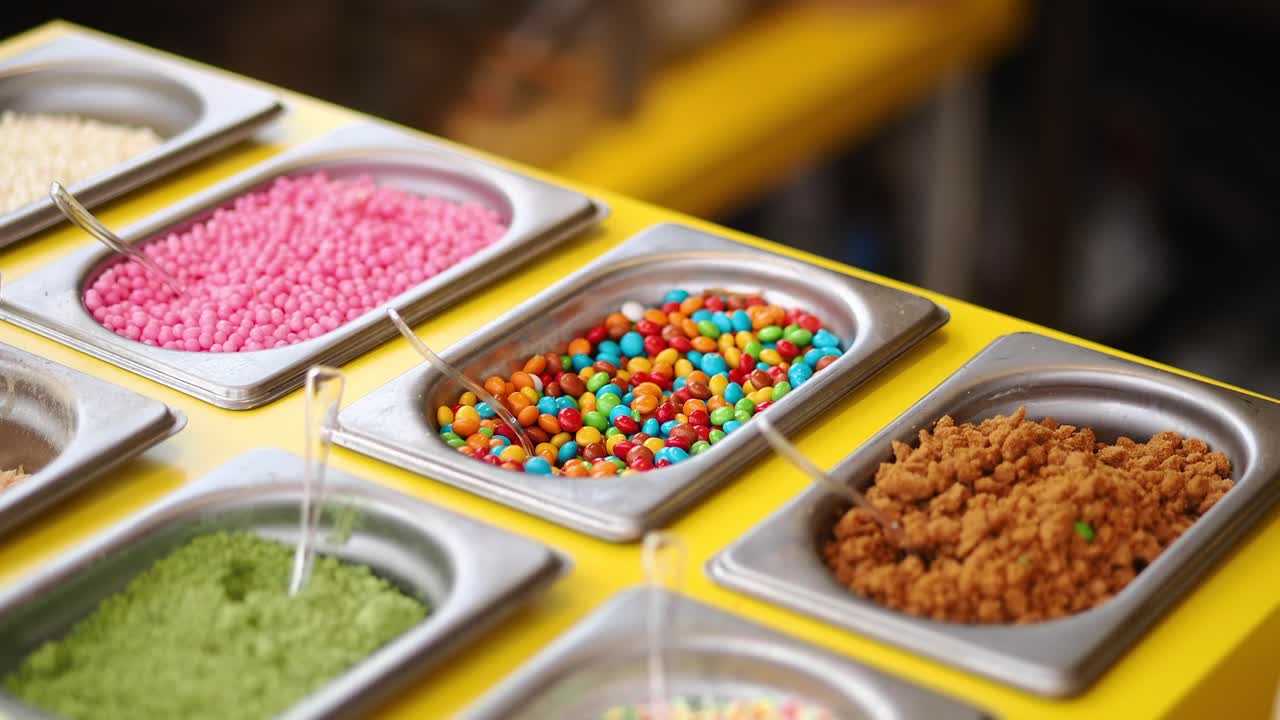 Varietà di caramelle colorate e guarnizioni per dolci esposte