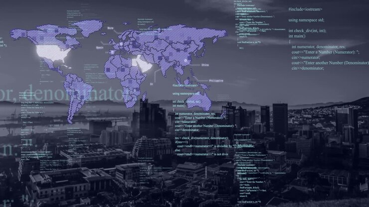 Animation of data processing and world map over cityscape