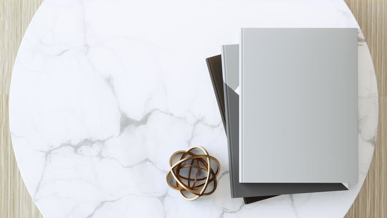 빈 하 대리석 테이블 위에 빈 커버 책이나 잡지.