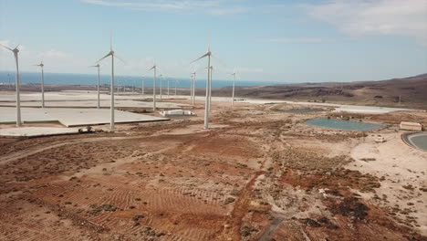 drone-shot-of-wind-turbines-in-a-wind-farm-on-the-island-of-Gran-Canaria,-Canary-Islands